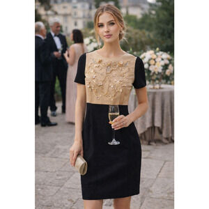 Sandro Paris Color Block Mini‎ Dress 2 Black Beige Elegant Embellished Bow Silk